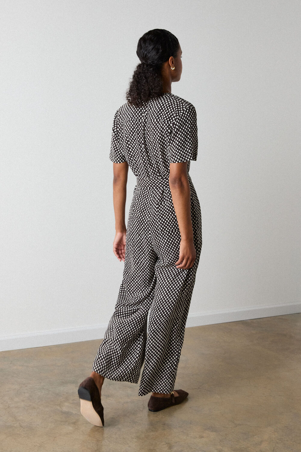 Brown Petite Check Short Sleeve Jumpsuit