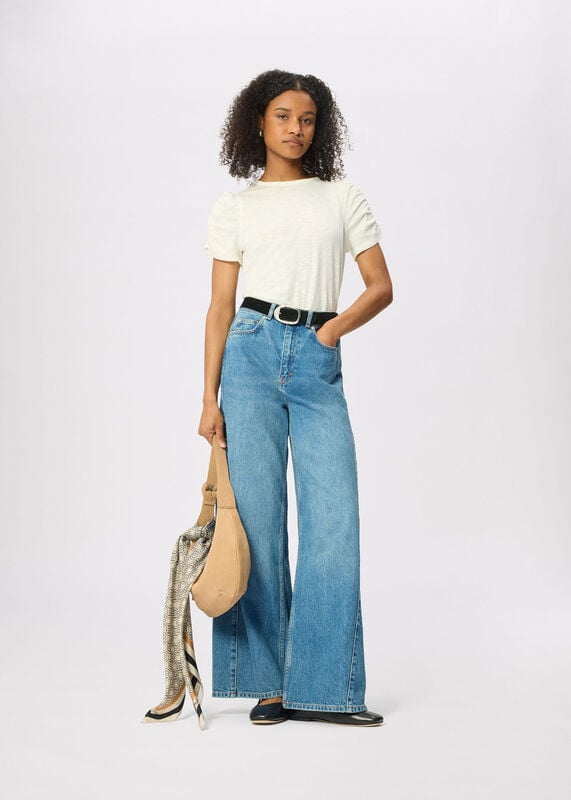 Ivory Round Neck Gathered Sleeve Tee