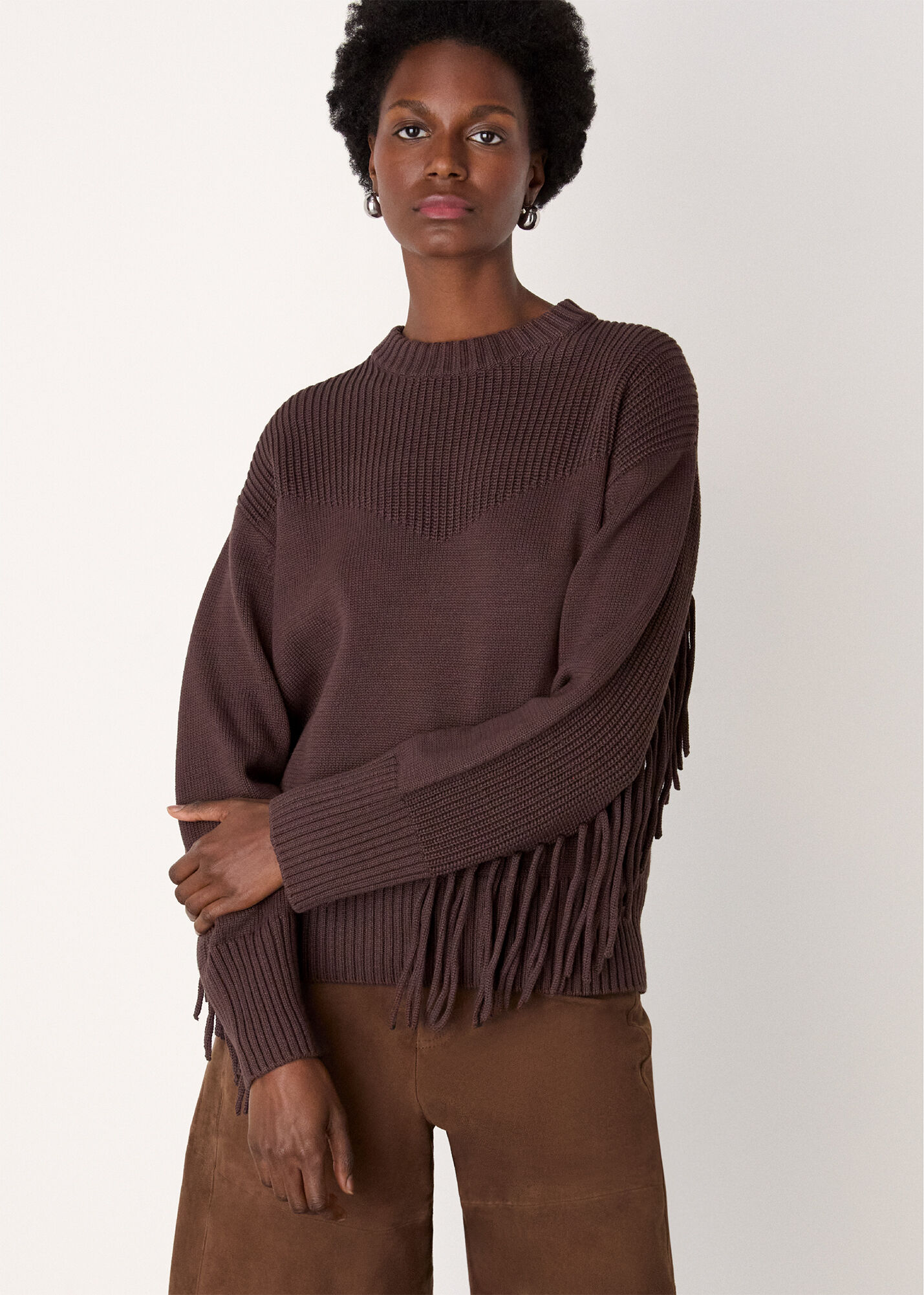Brown Fringe Rib Detail Cotton Knit | WHISTLES | Whistles UK |