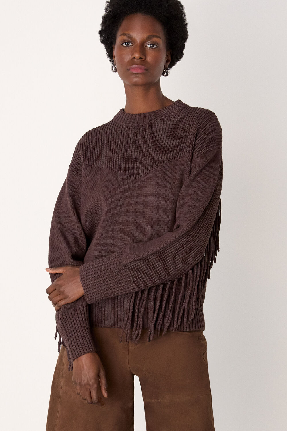 Brown Fringe Rib Detail Cotton Knit
