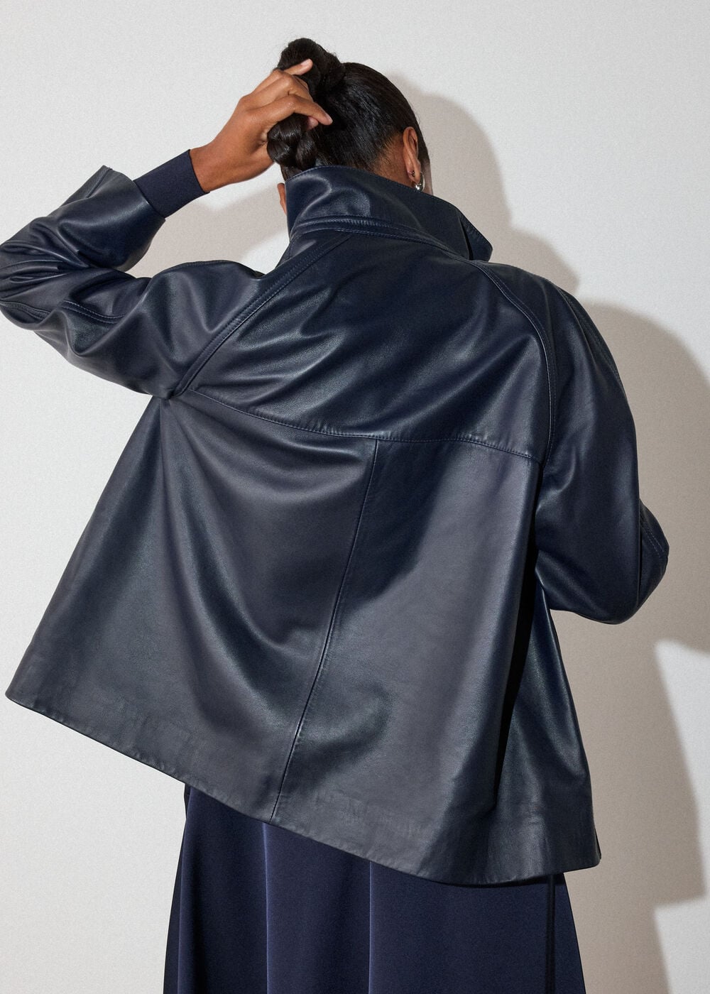 Navy Leather Funnel Neck Anorak