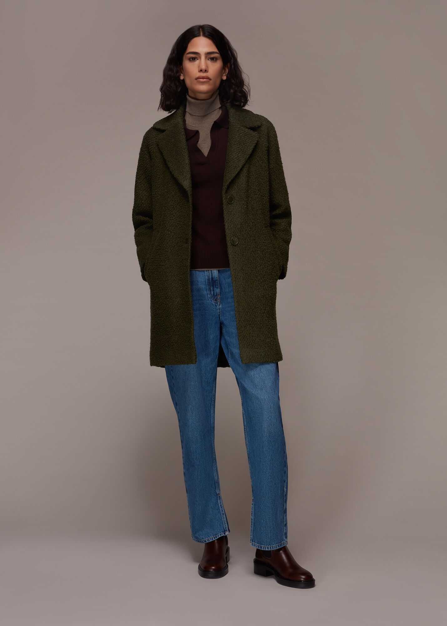 Khaki Daisy Boucle Casual Coat WHISTLES