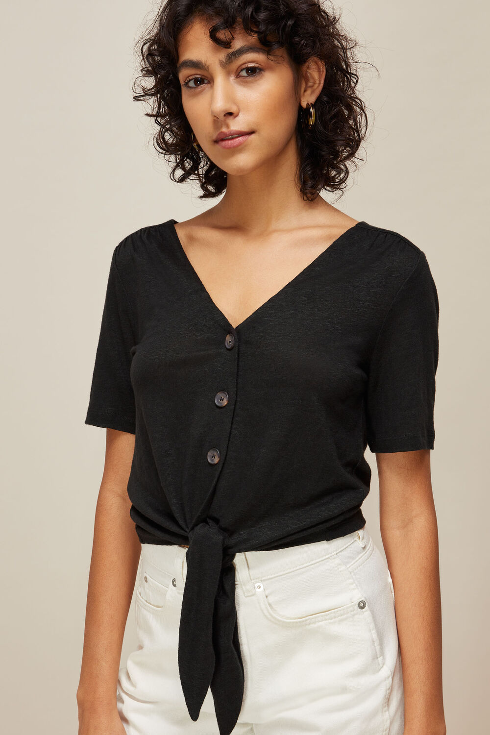Linen Button Front Tie Top