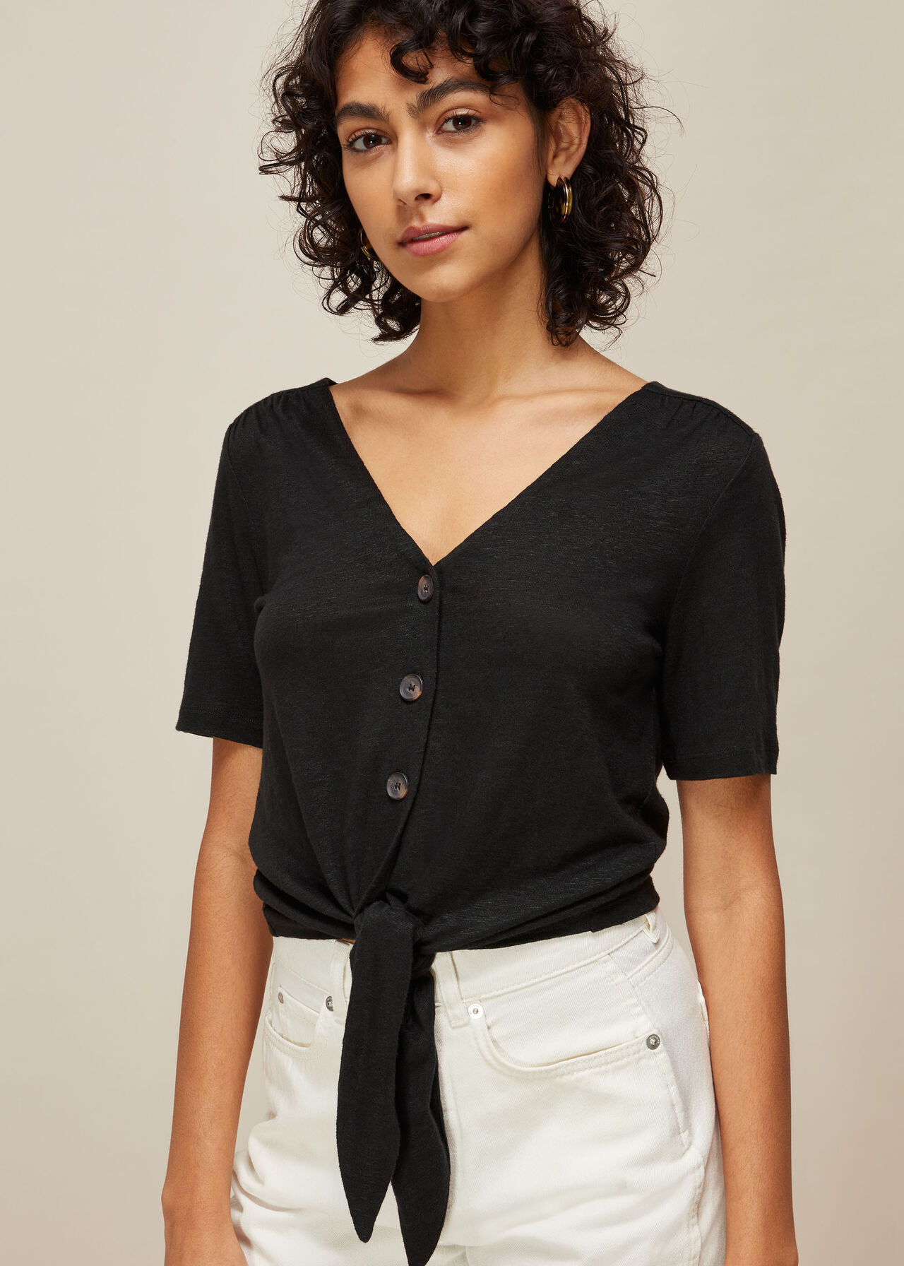 Linen Button Front Tie Top