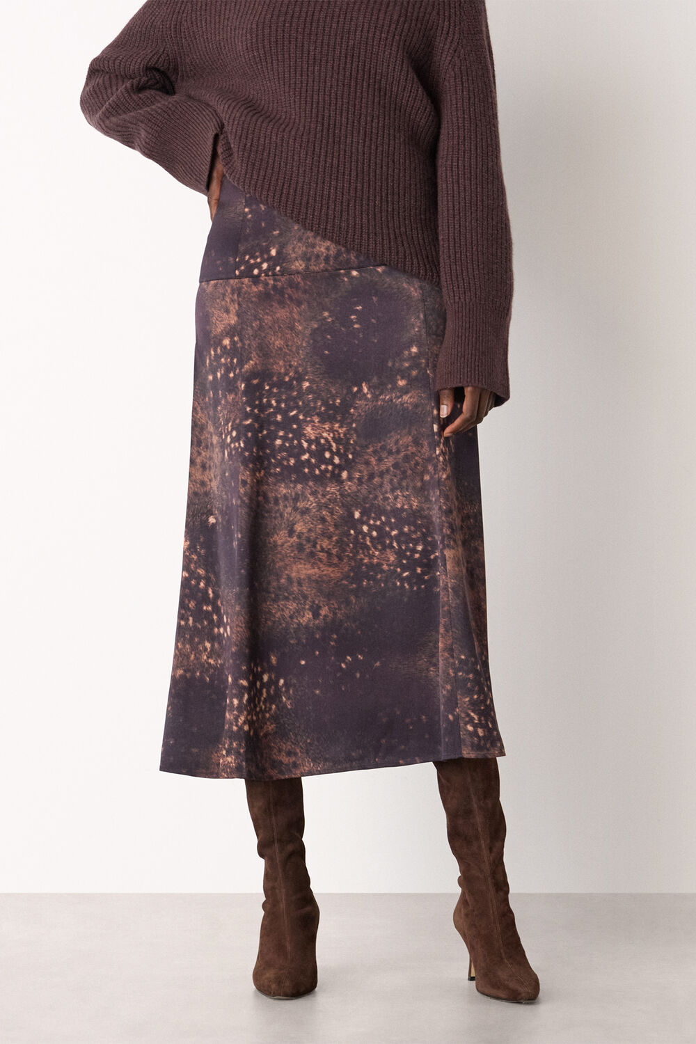 Brown Spotted Animal Midi Skirt