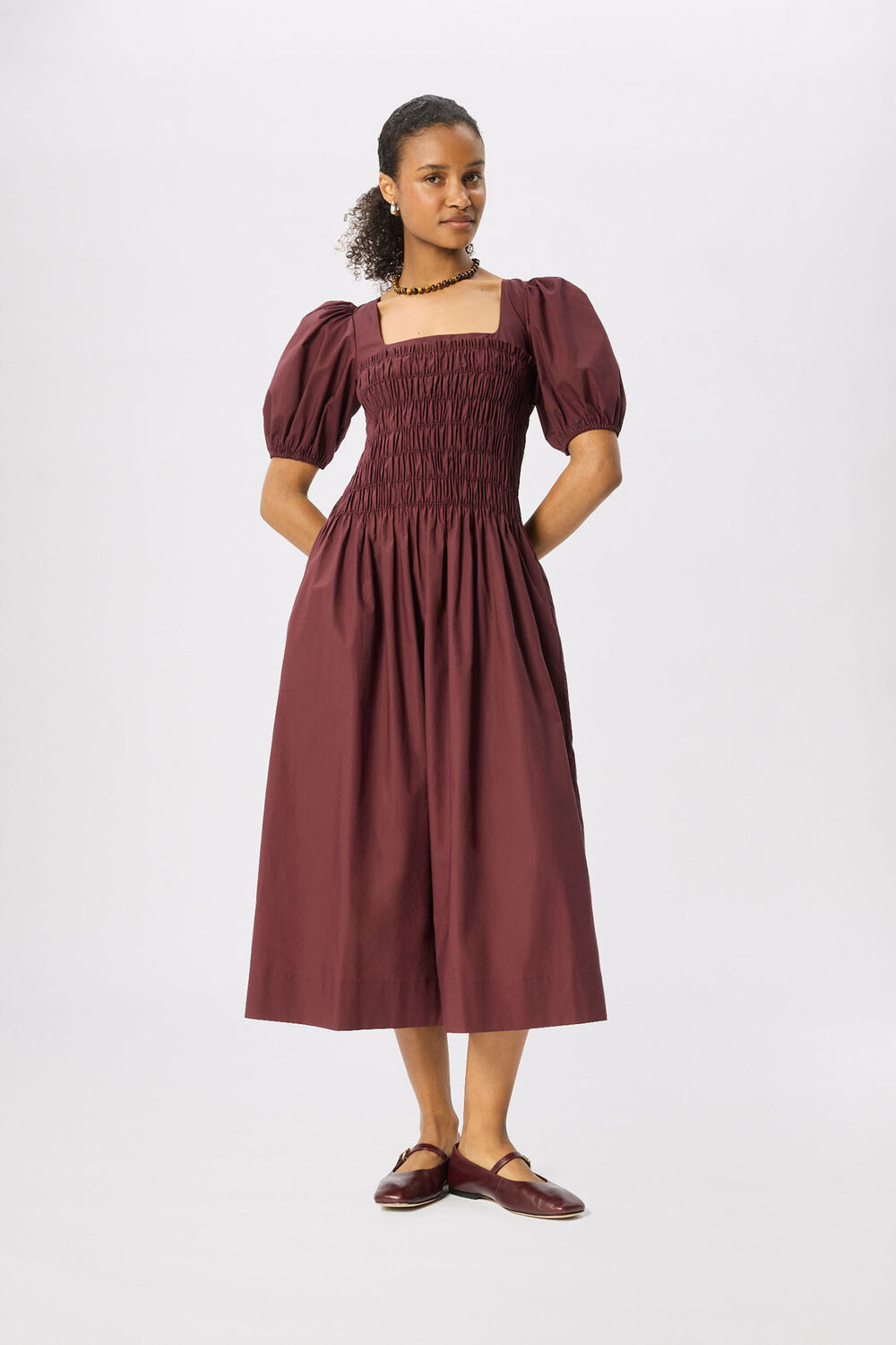 Plum Cotton Ruched Bodice Dress