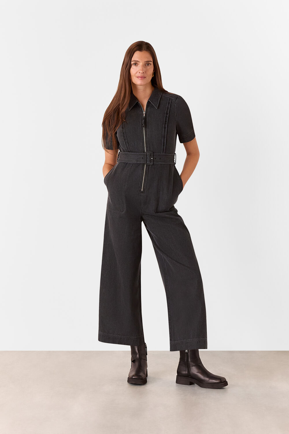 Denim Pintuck Belted Jumpsuit