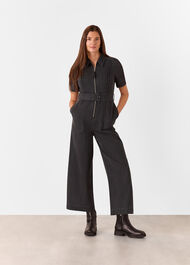Denim Pintuck Belted Jumpsuit