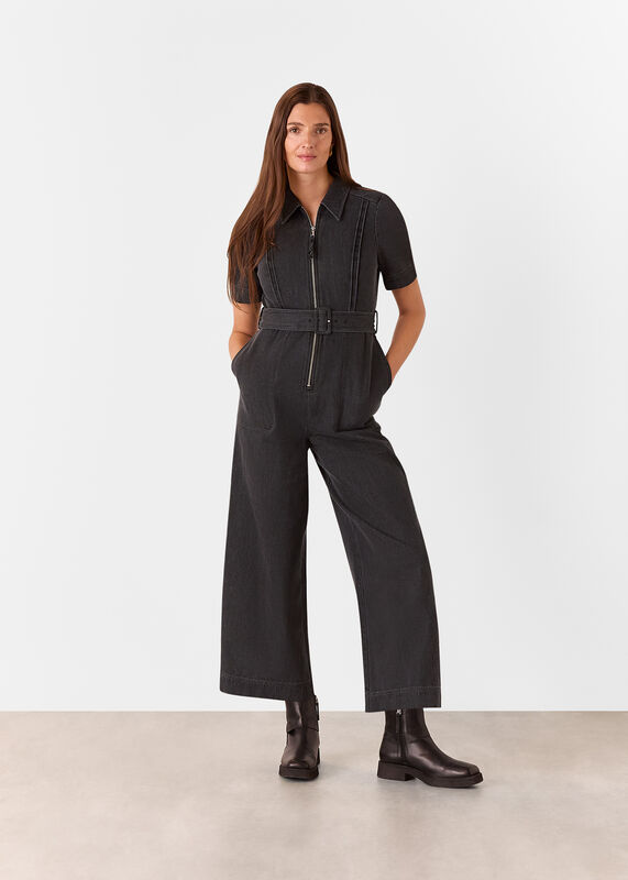 Denim Pintuck Belted Jumpsuit
