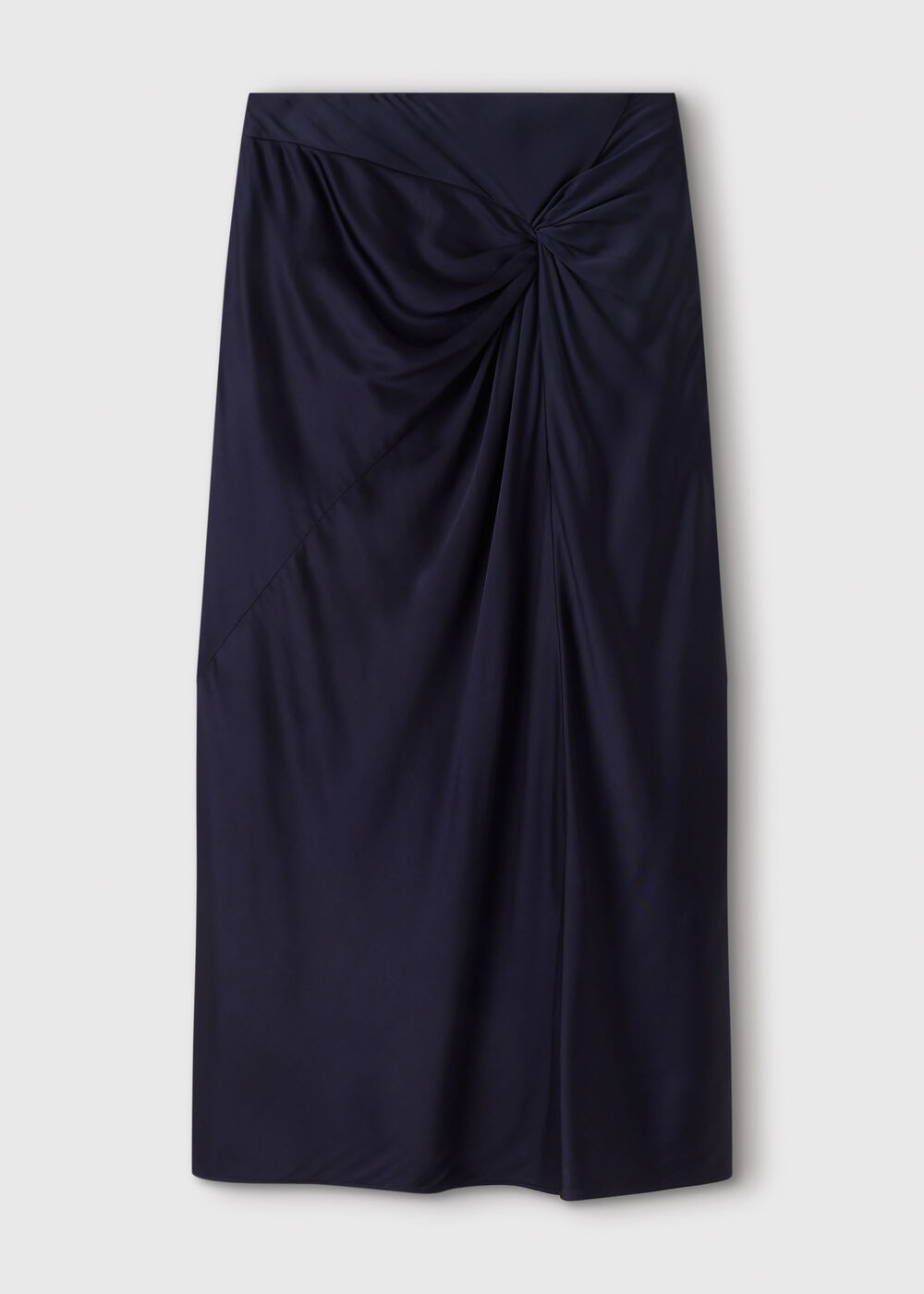 Navy Satin Twist Side Midi Skirt