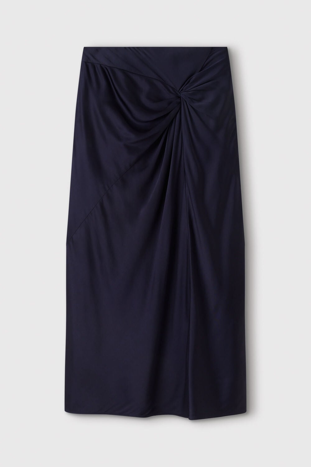 Navy Satin Twist Side Midi Skirt