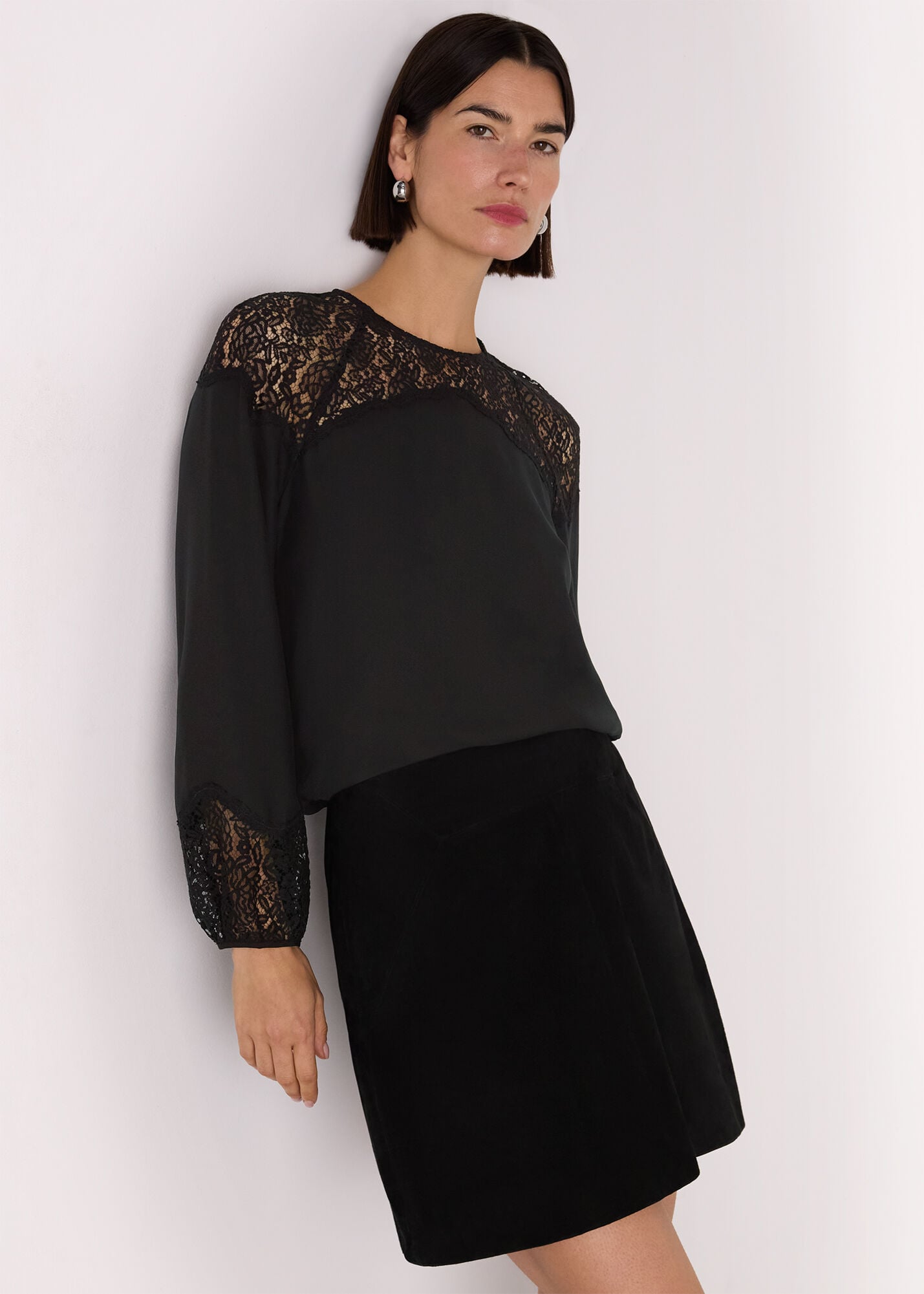 トップス philme lace satin blouse black F Black Lace Detail Satin Blouse | WHISTLES | Whistles UK |