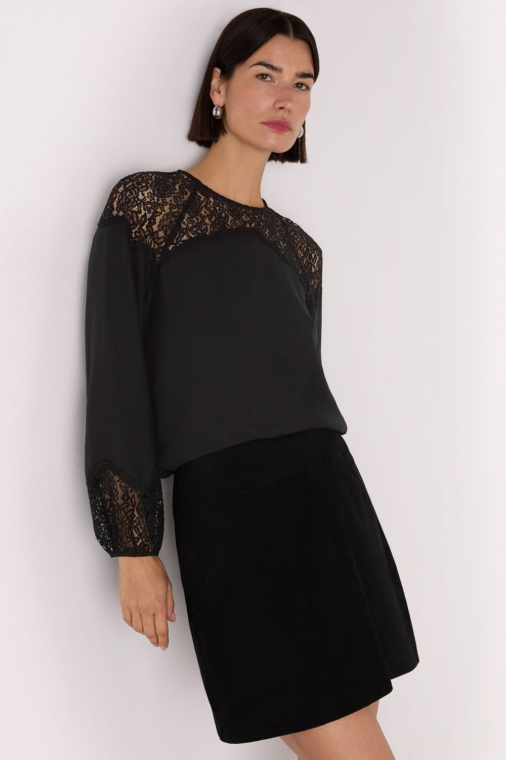 Black Lace Detail Satin Blouse