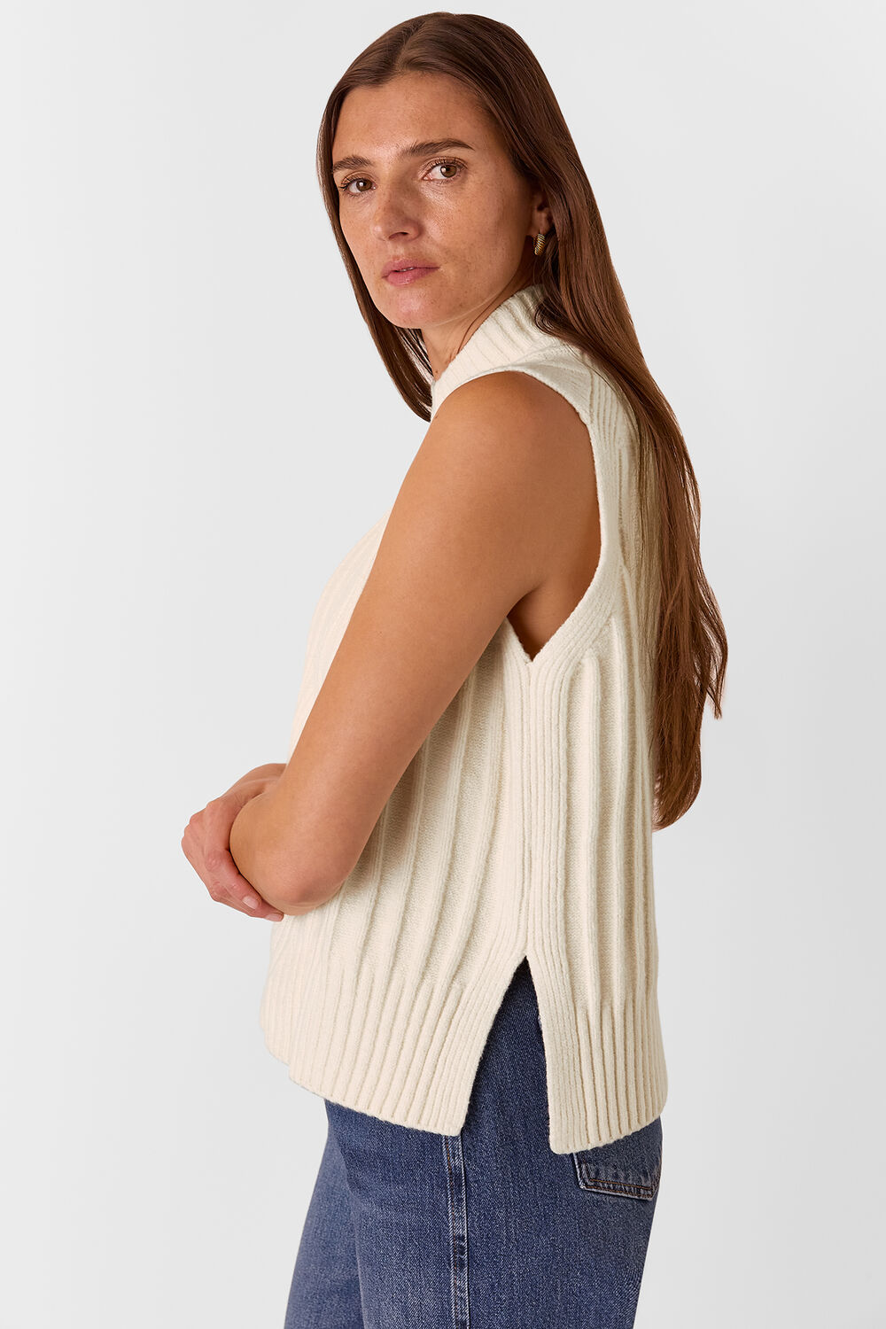 Ivory V Neck Cable Detail Tank