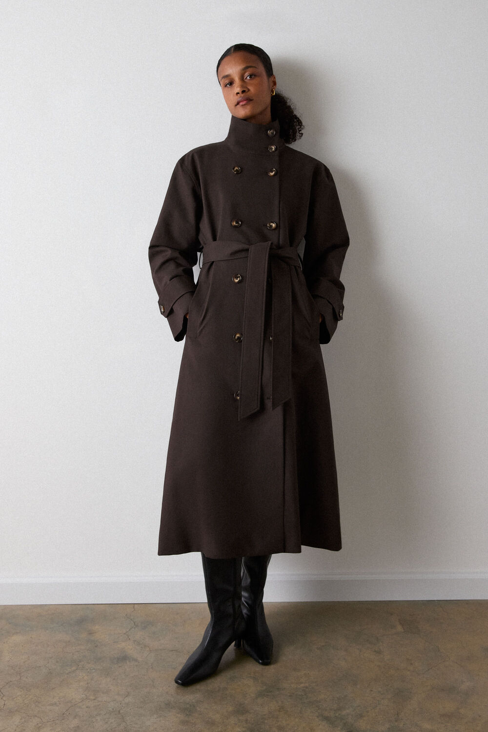 Brown Funnel Neck Trench Coat