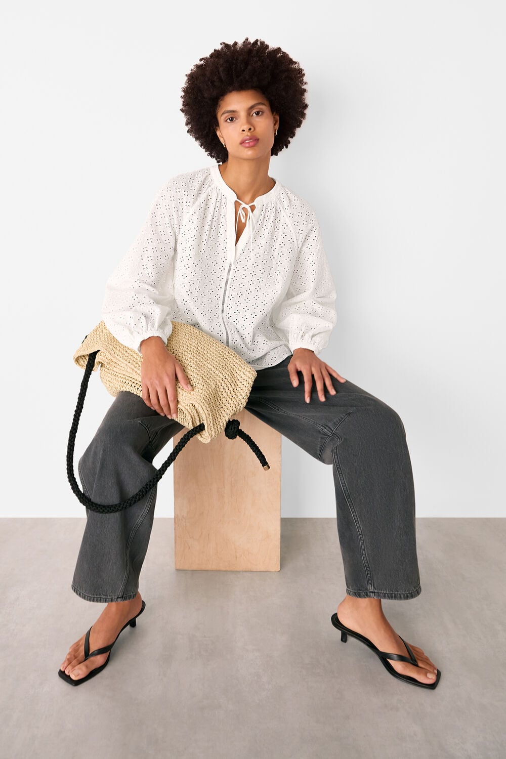 White Broderie V Neck Blouse