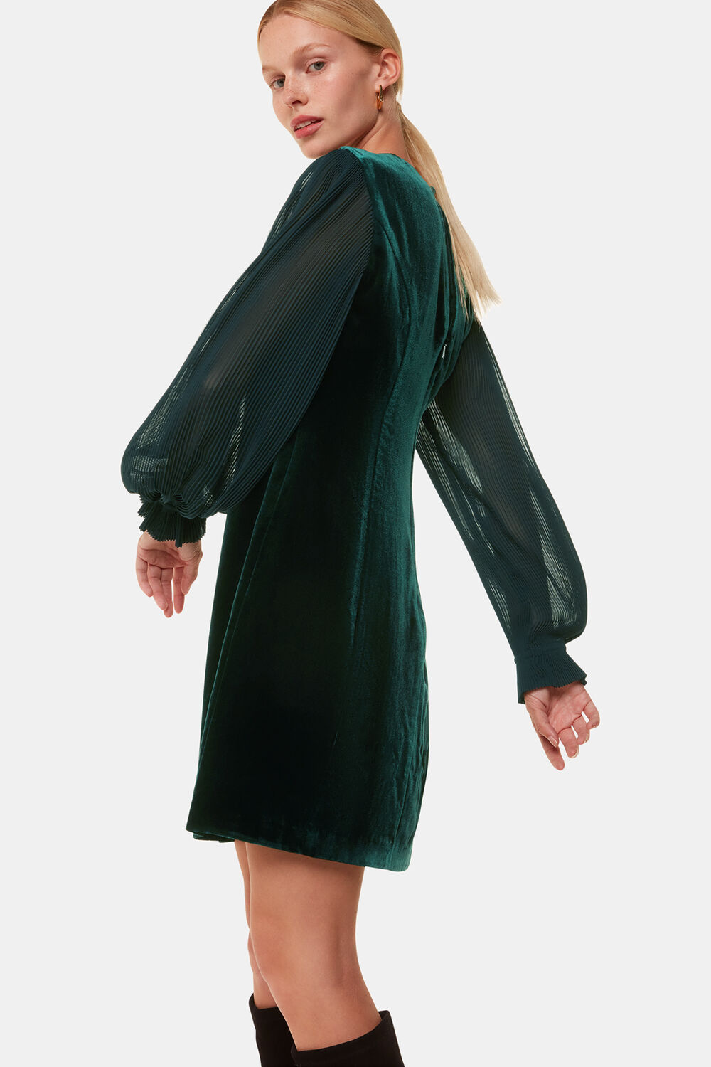 Dark Green Velvet Pleated Sleeve Dress