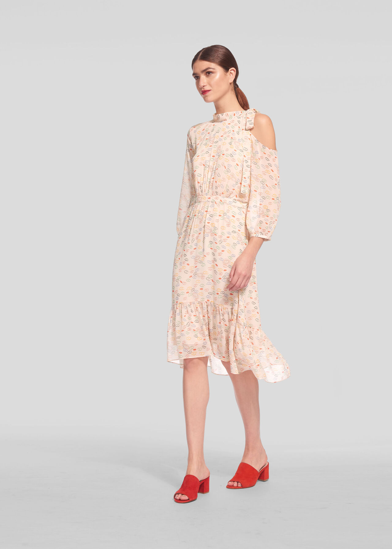 Lips Print Tie Neck Dress Multicolour