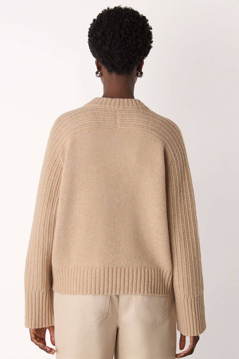 Camel Wool Ribbed Sleeve V Neck Knit