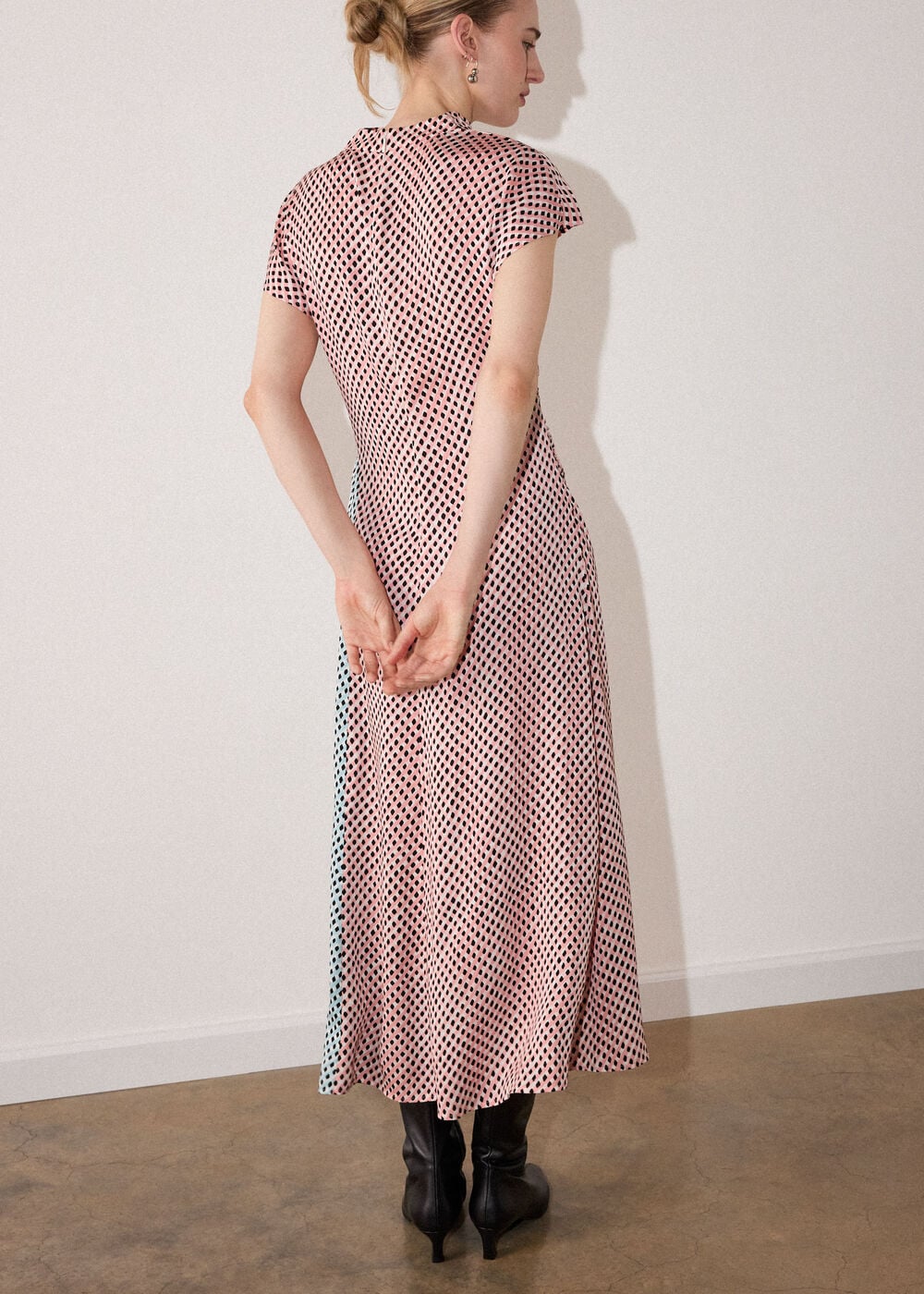 Pink Graphic Check Cowl Neck Dress