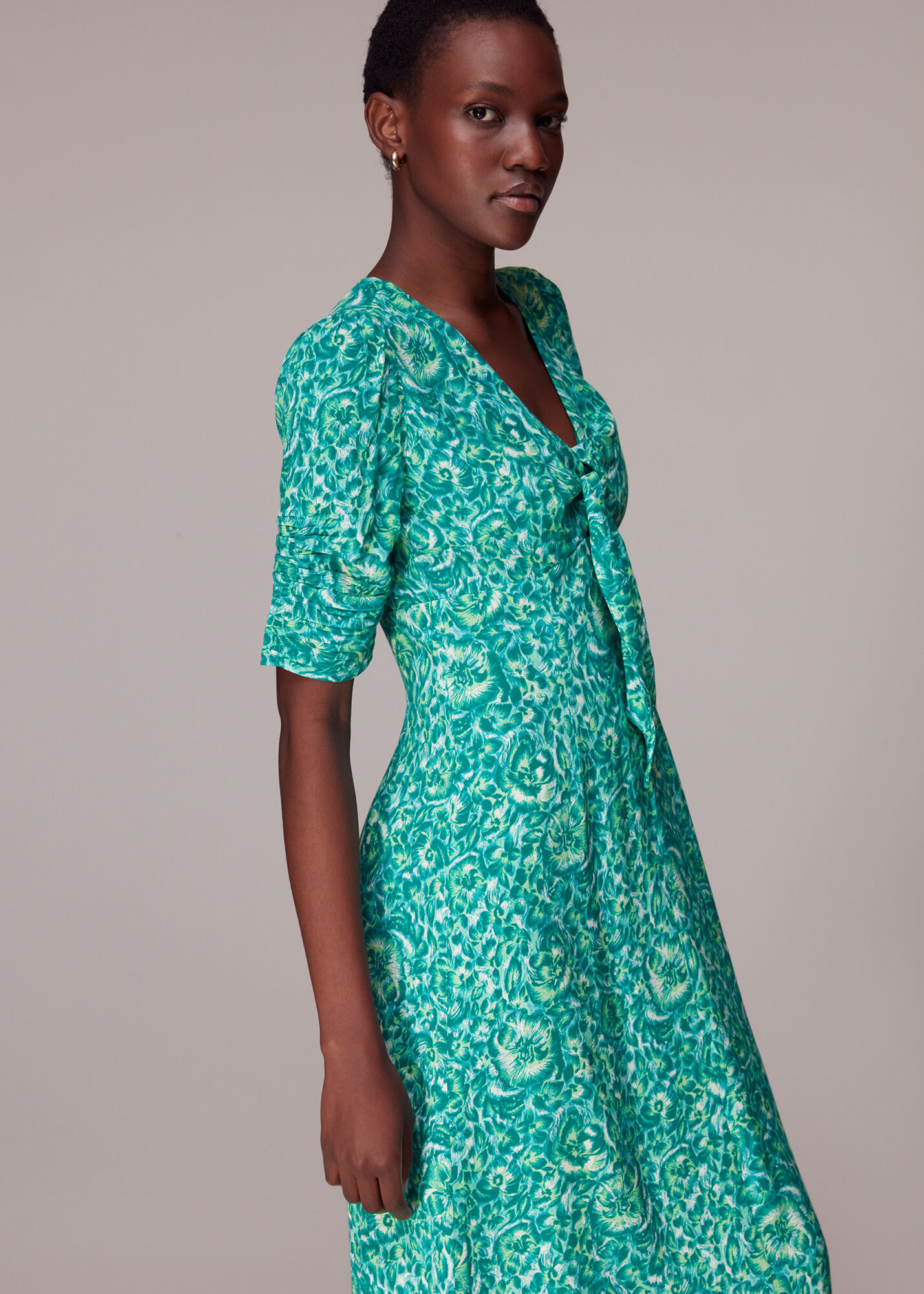 Green Multi Clouded Floral Tie Midi Dress WHISTLES