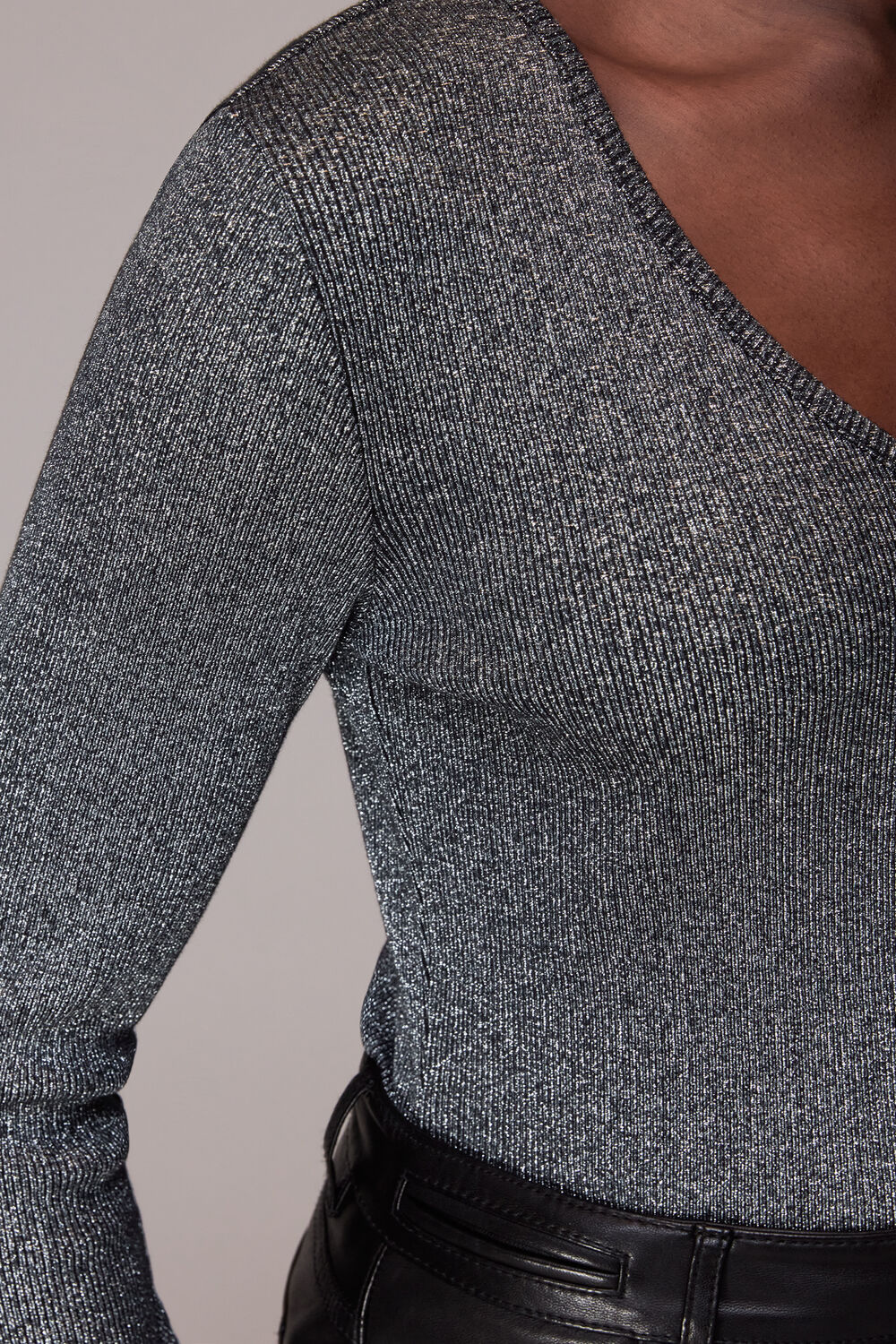 Black Long Sleeve Sparkle V Neck Top