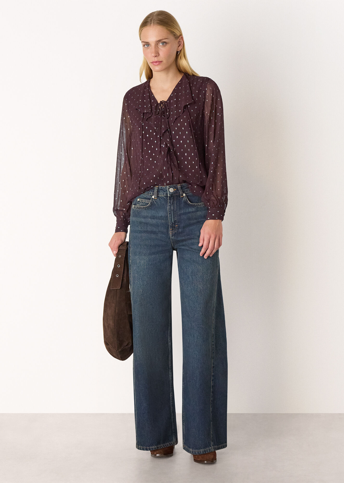 Burgundy/Multi Metallic Dobby Frill Blouse | WHISTLES | Whistles US |