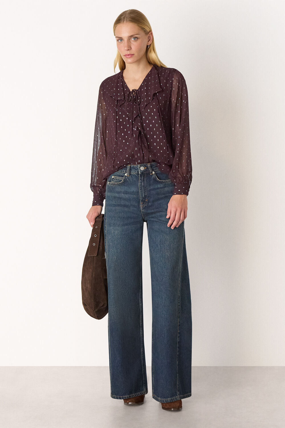 Burgundy Metallic Dobby Frill Blouse