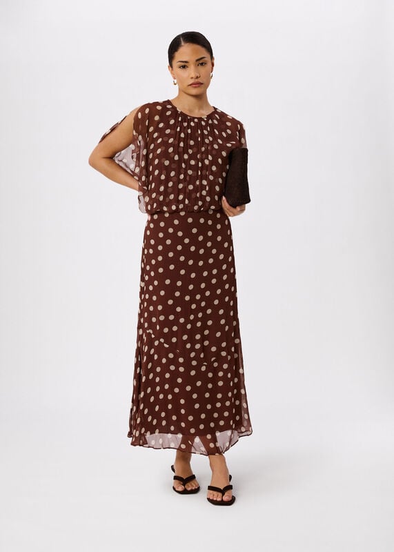 Brown Petite Polka Dot Print Midi Dress