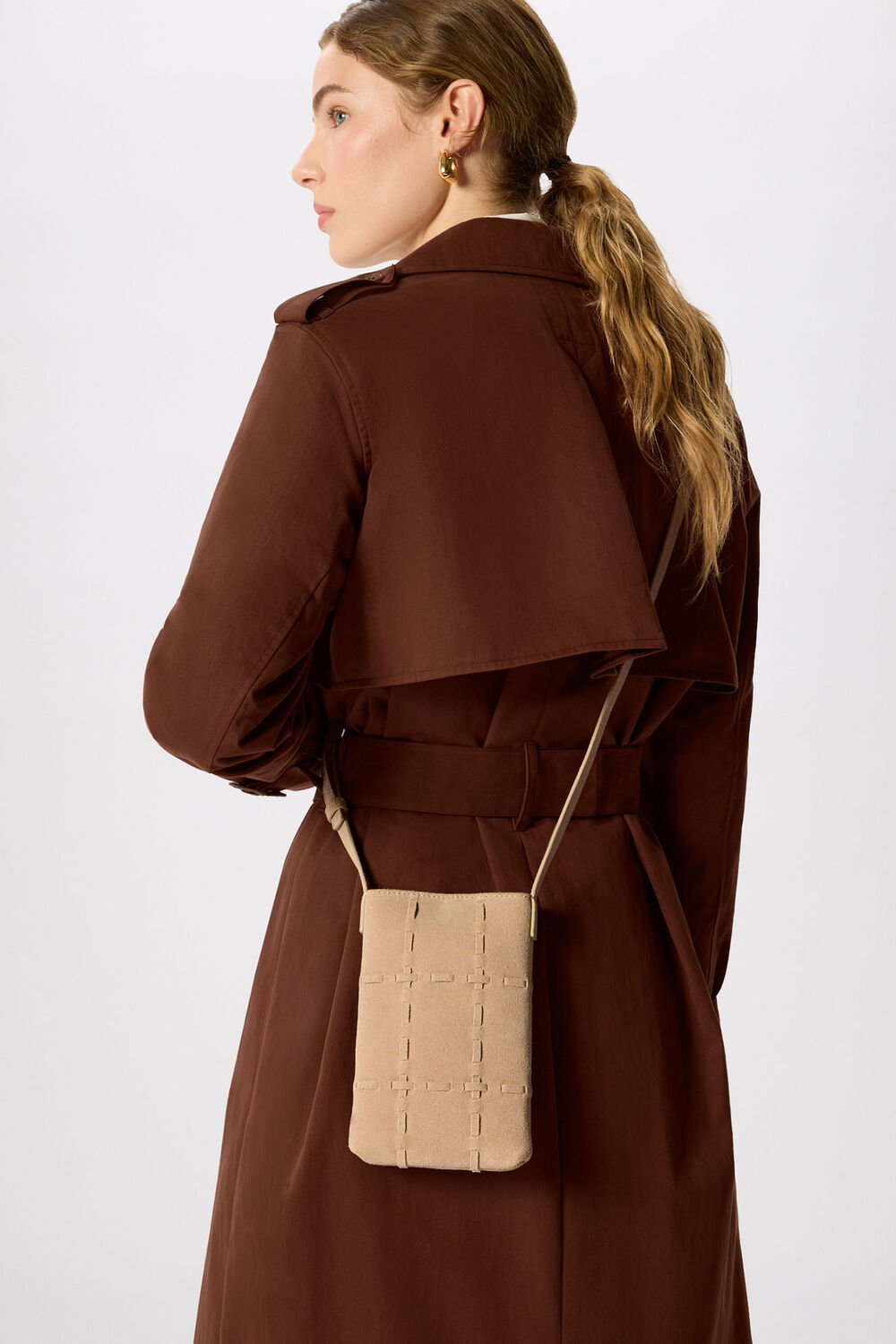 Neutral Suede Whipstitch Phone Bag