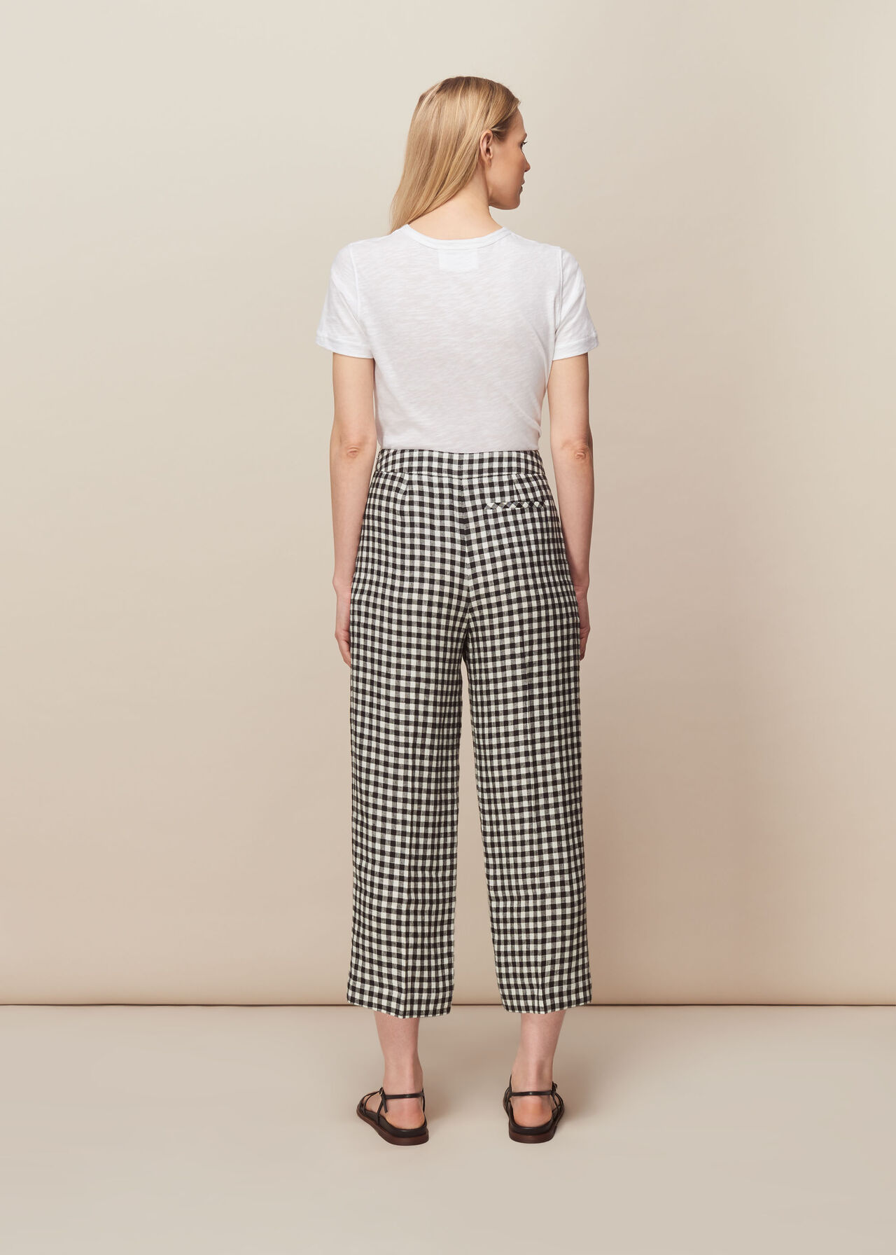 Gingham Linen Cropped Trouser Black and White