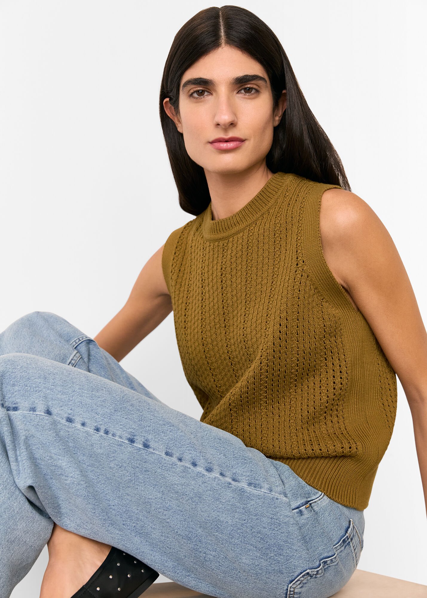 Women's Olive Pointelle Sweater Vest | Whistles US |