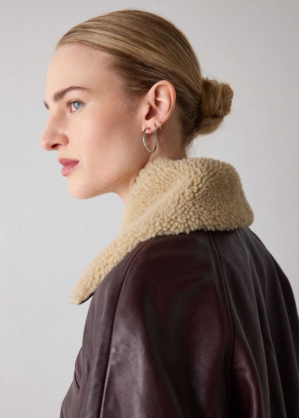 Burgundy Shearling Trim Leather Bomber