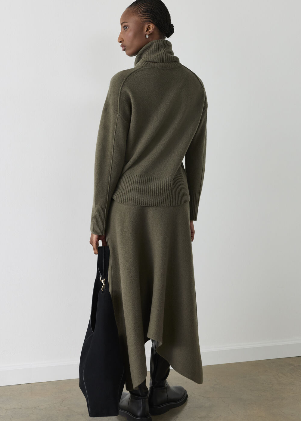 Khaki Asymmetric Hem Wool Knit Skirt