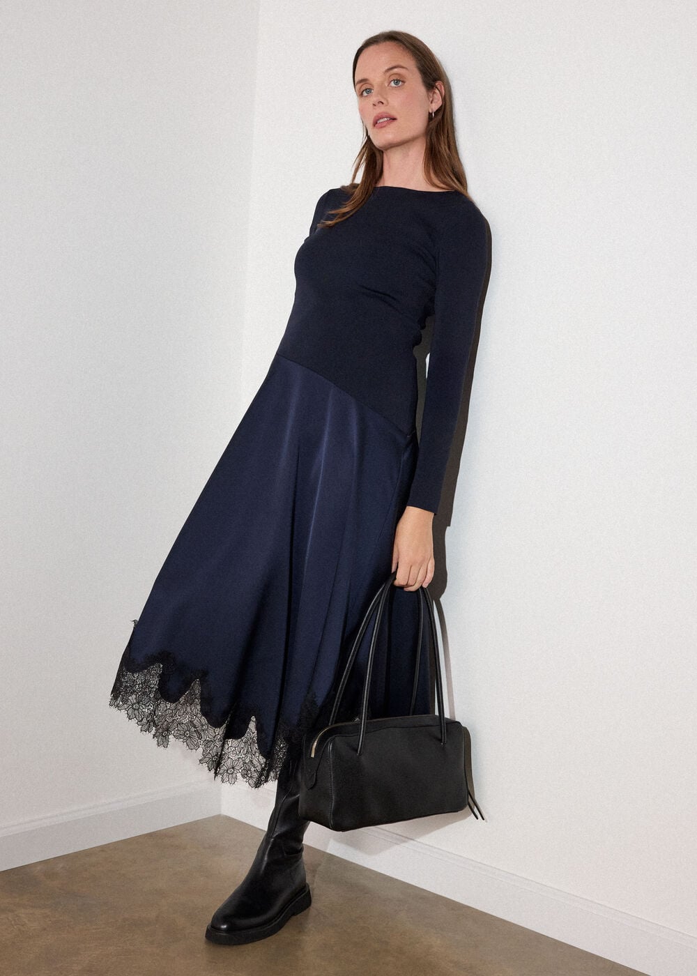 Navy Petite Knit Hybrid Lace Trim Dress