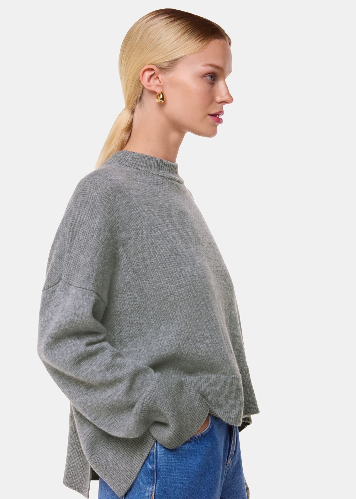 Women's Dark Gray Cashmere Blend Split Back Sweater