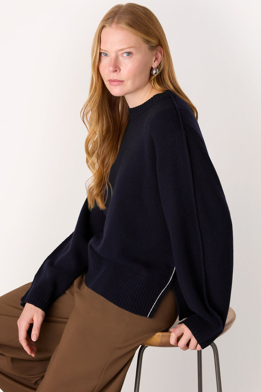 Navy Side Stripe Detail Wool Knit