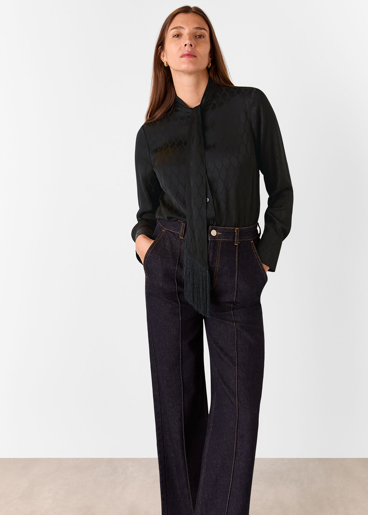 Diamond Jacquard Scarf Blouse