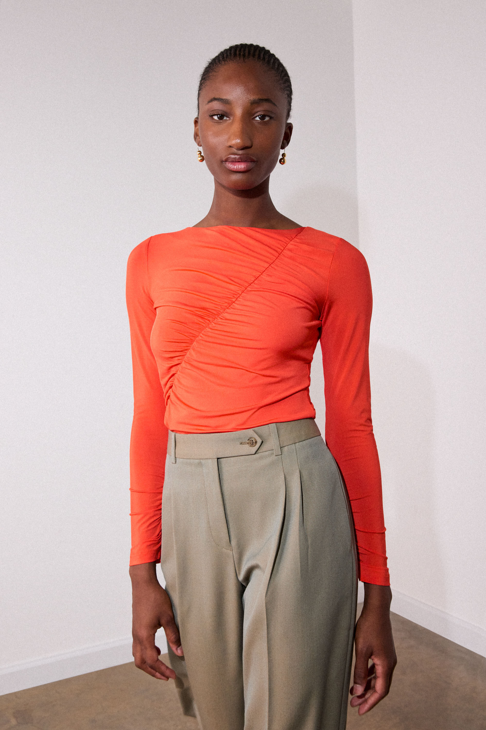 Orange Asymmetric Gathered Top | WHISTLES | Whistles UK |