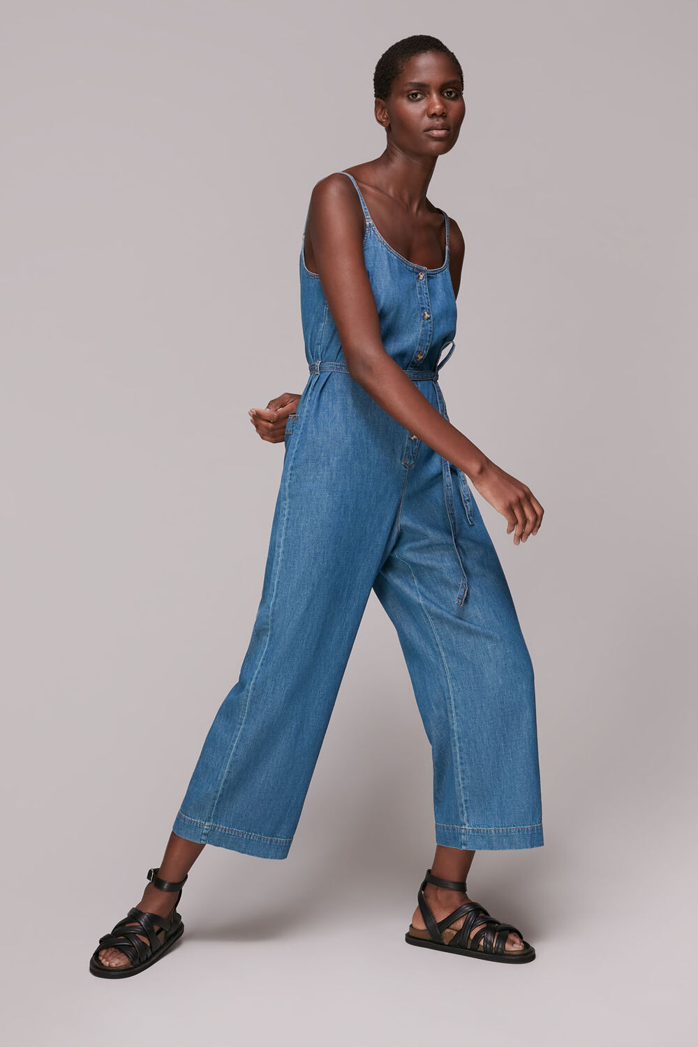 Strappy Button Denim Jumpsuit