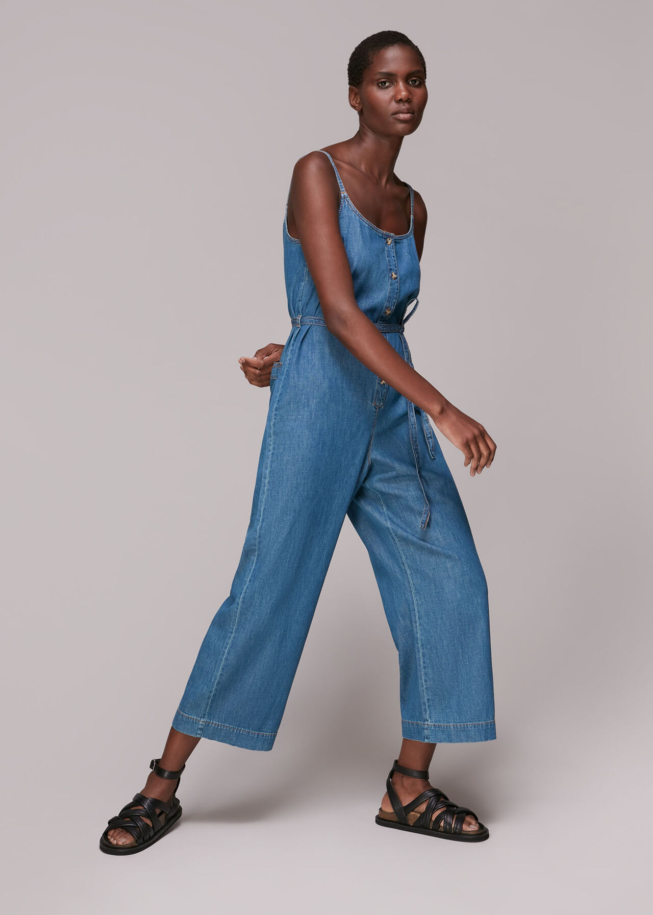 Strappy Button Denim Jumpsuit