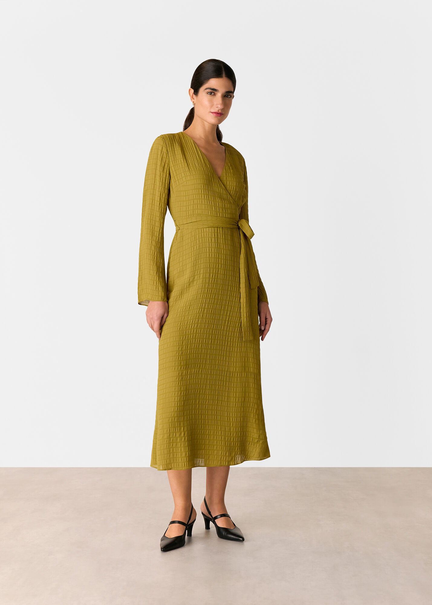 Olive Alex Textured Wrap Midi Dress | WHISTLES | Whistles US |
