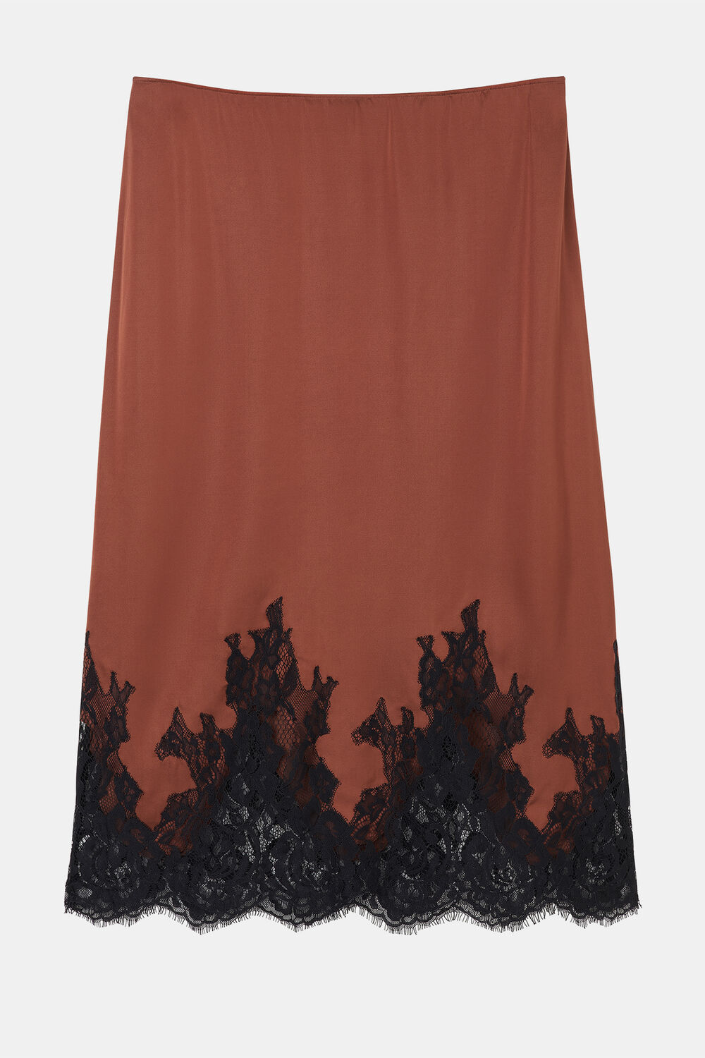 Brown Lace Hem Satin Midi Skirt