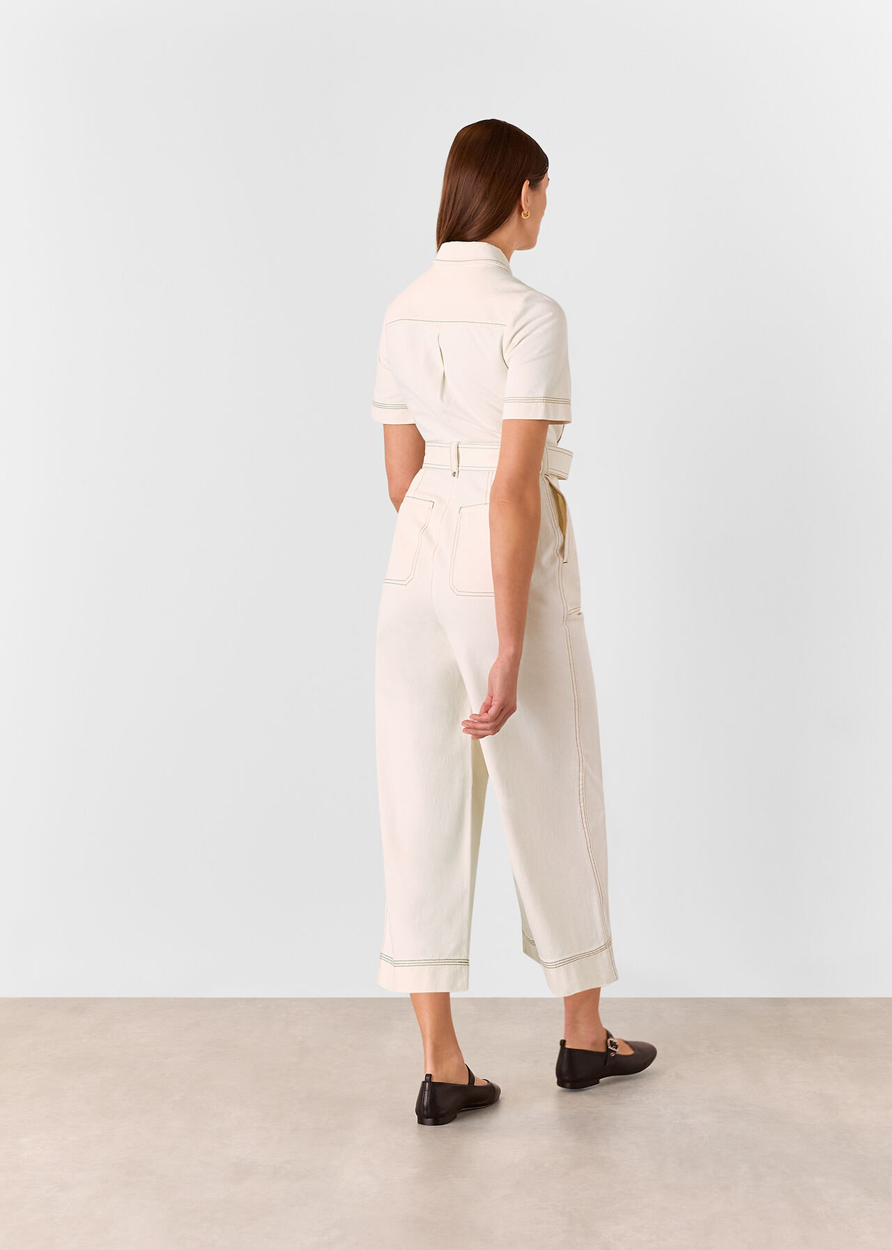 Denim Pintuck Belted Jumpsuit