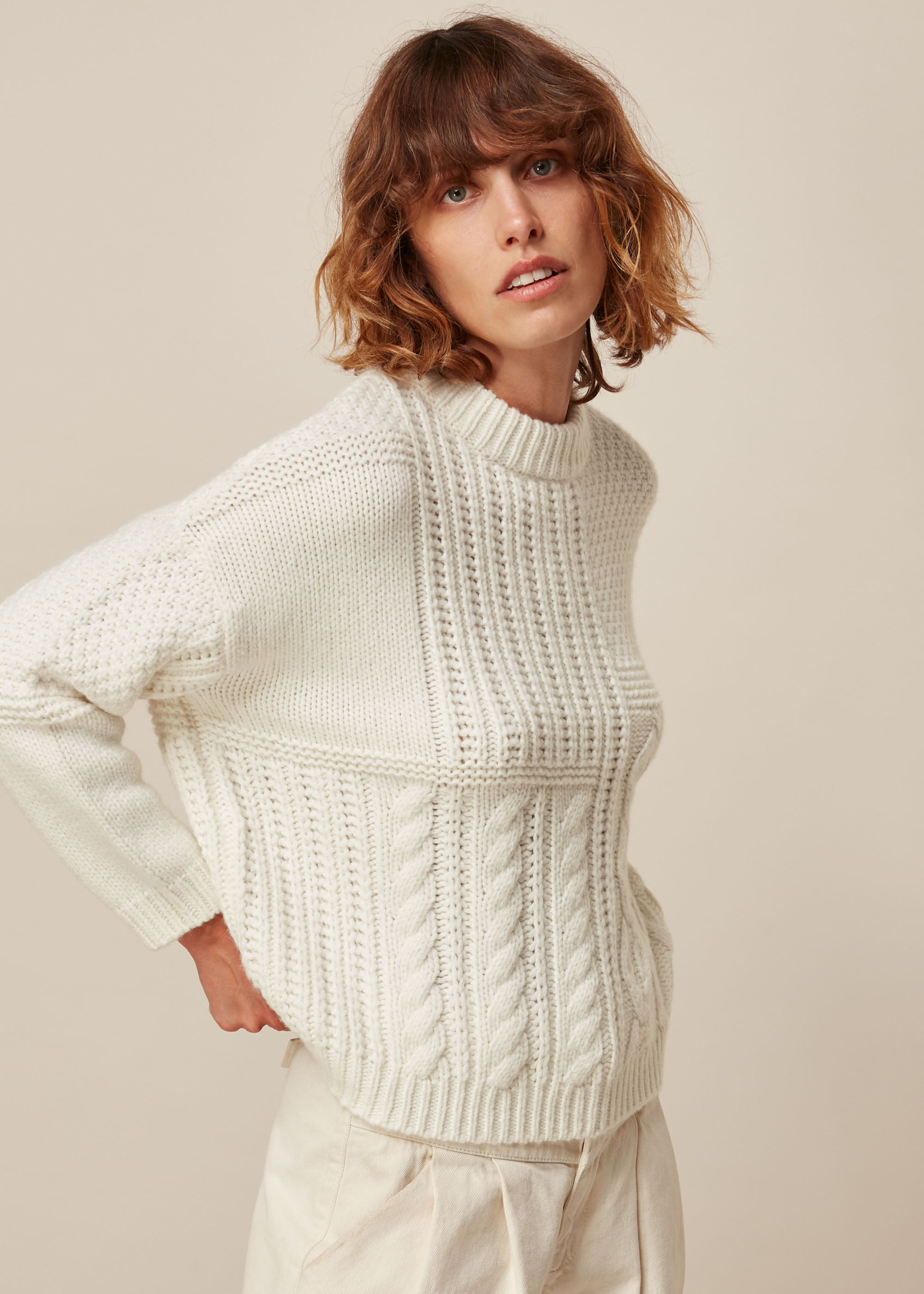 Ivory Patchwork Cable Knit | WHISTLES |
