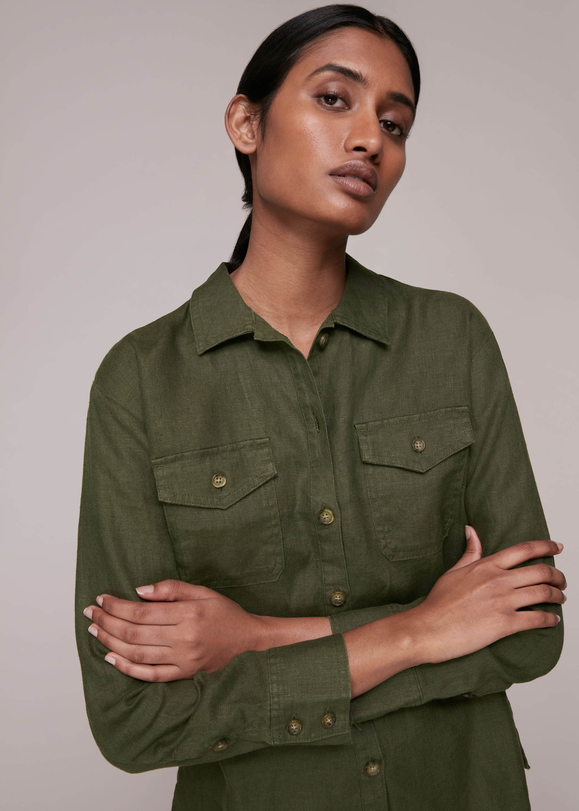 Khaki Layla Linen Shirt | WHISTLES 
