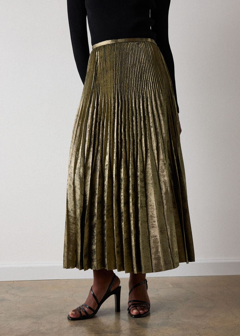 Gold Metallic Pleated Midi Skirt