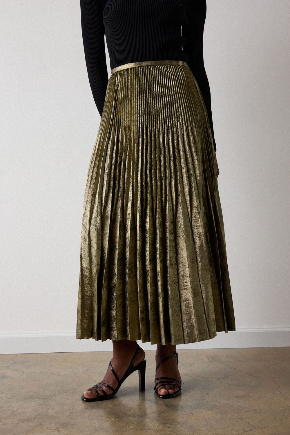 Gold Metallic Pleated Midi Skirt