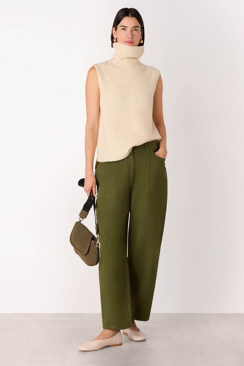 Khaki Casual Cotton Barrel Trouser