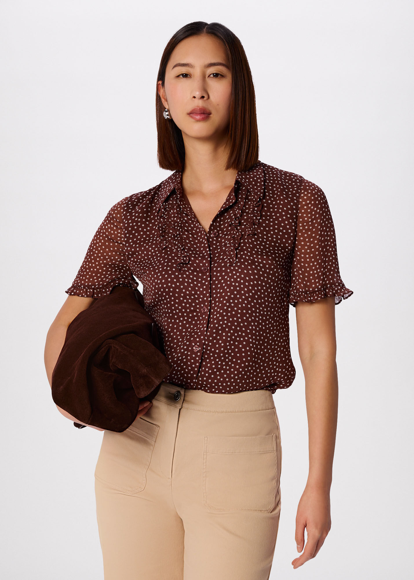 Brown/Multi Polka Dot Sheer Sleeve Shirt | WHISTLES | Whistles US |
